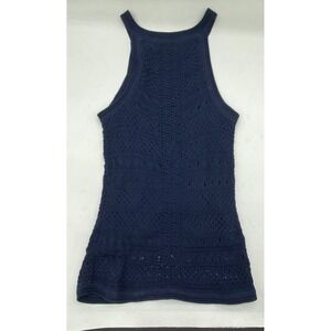 New York & Company Navy Blue Pointelle Crochet Knit Halter Tank Top Womens Small